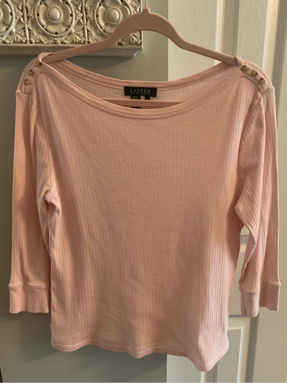 Ralph Lauren Light Pink Ribbed Boatneck Top with Shoulder Buttons - L